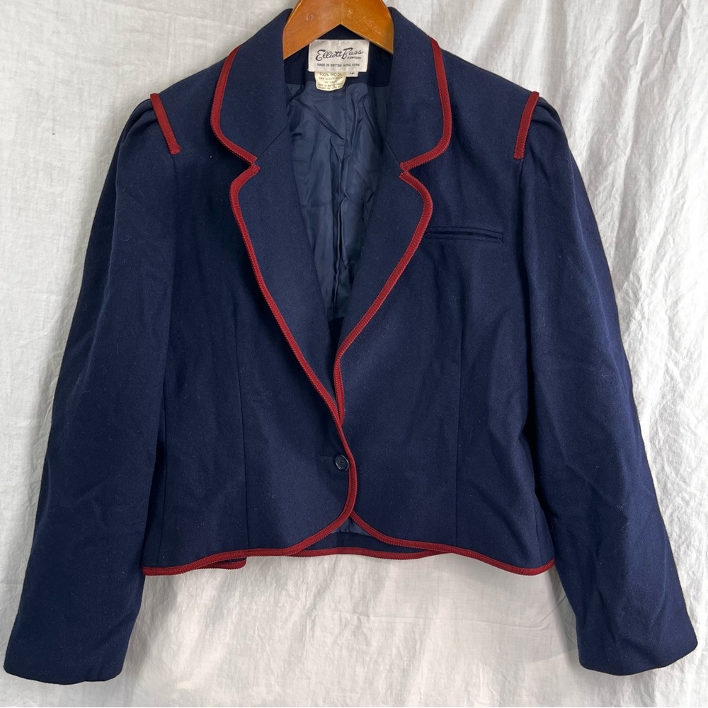 Elliott Bass New York Womens Vintage Wool Blazer Jacket Navy Blue Red Piping 14